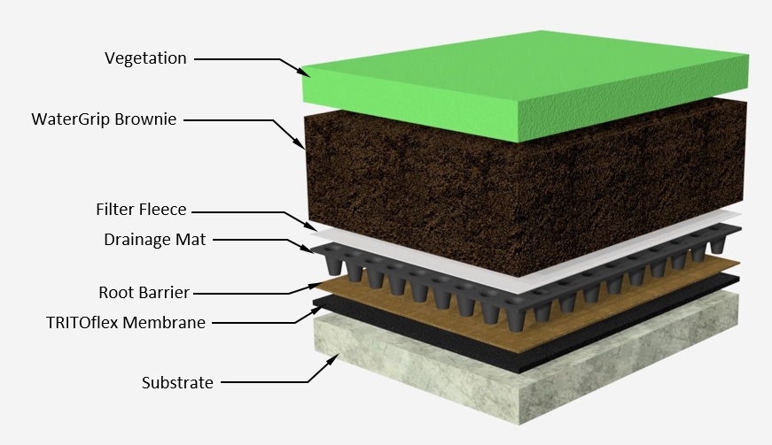 Combined with an innovative growing medium from WaterGrip, the TRITOflex liquid rubber membrane completes a long-term, sustainable green roof system.